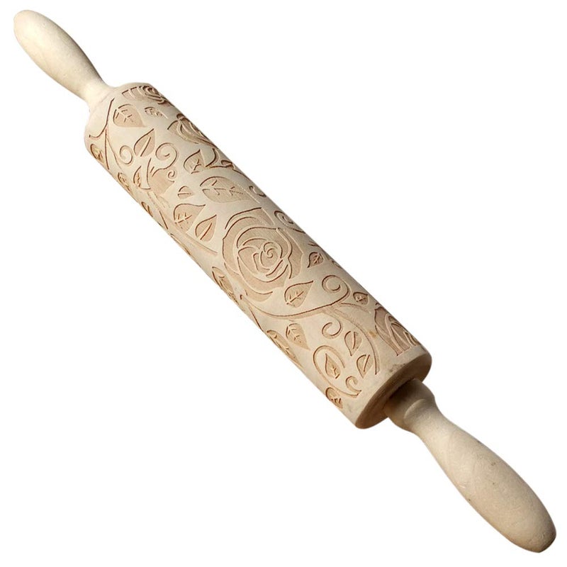 Ragyzity Wooden Embossed Rolling Pin for Baking, Rose Flower Embossed Engraved Carved Rolling Pin, Wooden Roll Pin Laser Engraved Rolling Pin DIY Tool for Making Cookie Dough Crusts Pies Pastry - Image 1