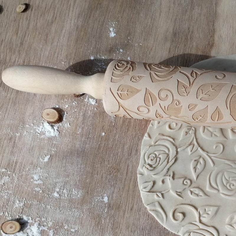 Ragyzity Wooden Embossed Rolling Pin for Baking, Rose Flower Embossed Engraved Carved Rolling Pin, Wooden Roll Pin Laser Engraved Rolling Pin DIY Tool for Making Cookie Dough Crusts Pies Pastry - Image 3