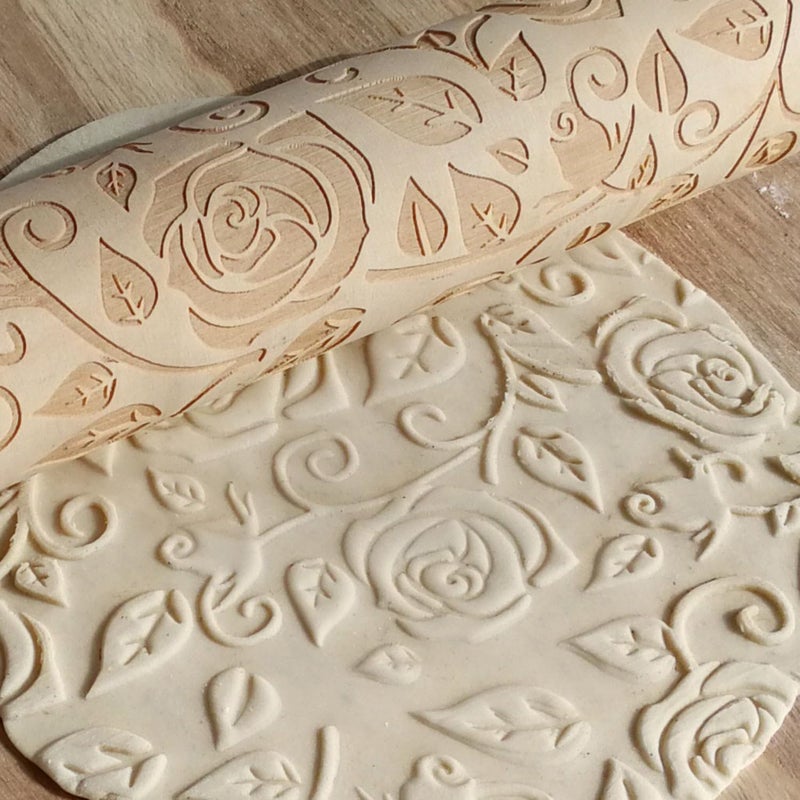 Ragyzity Wooden Embossed Rolling Pin for Baking, Rose Flower Embossed Engraved Carved Rolling Pin, Wooden Roll Pin Laser Engraved Rolling Pin DIY Tool for Making Cookie Dough Crusts Pies Pastry - Image 4
