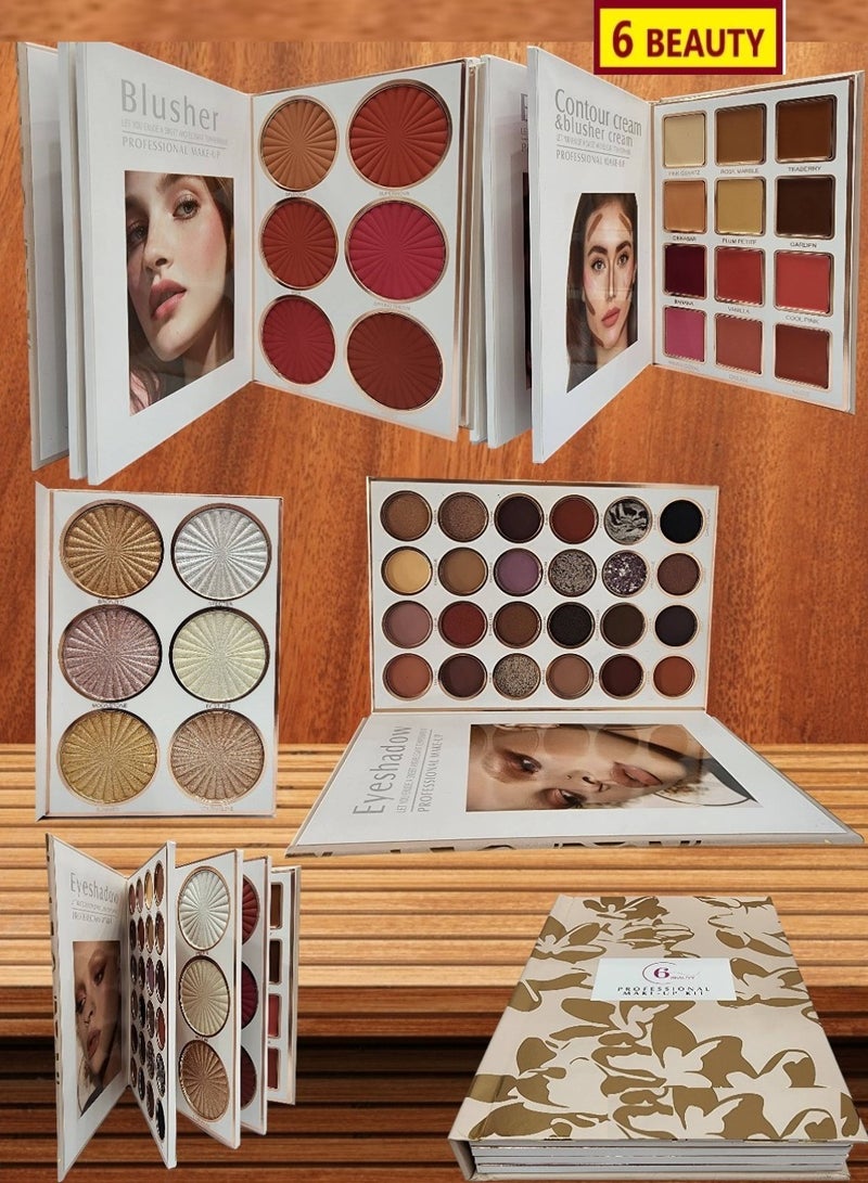 6 بيوتي مجموعة تجميل مصممة على شكل كتاب 48 لون دفتر تجميل مكون من 24 لون أظلال و 6 لون إظائة و 6 أحمر خدود و 12 لون كنتور كريمي مع أحمر خدود كريمي - Image 1