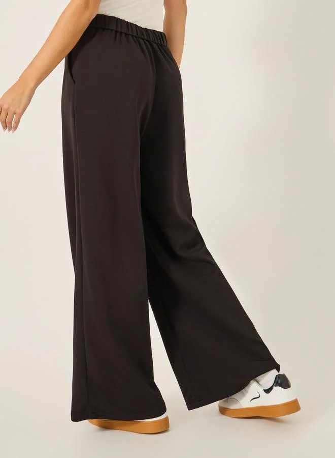 Styli Wide Leg Pants with Half Elastic Waistband
