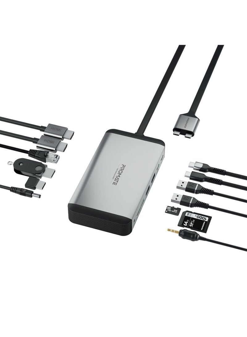 PROMATE 13 In 1 Docking Station With 150W Power Adapter And 4K 60Hz Dual Display Versahub-Mst Grey/Black - Image 1