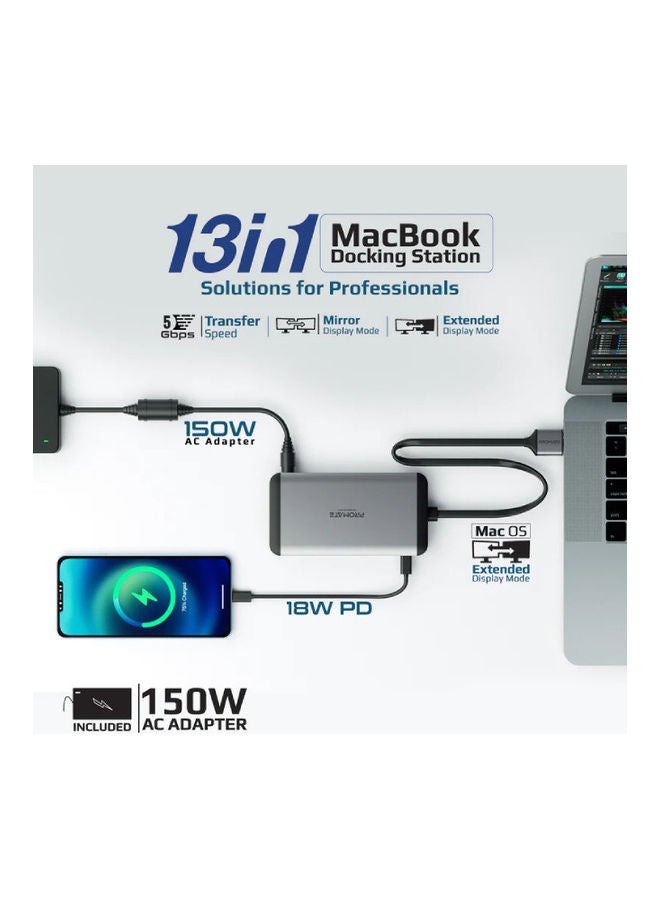 PROMATE 13 In 1 Docking Station With 150W Power Adapter And 4K 60Hz Dual Display Versahub-Mst Grey/Black - Image 5