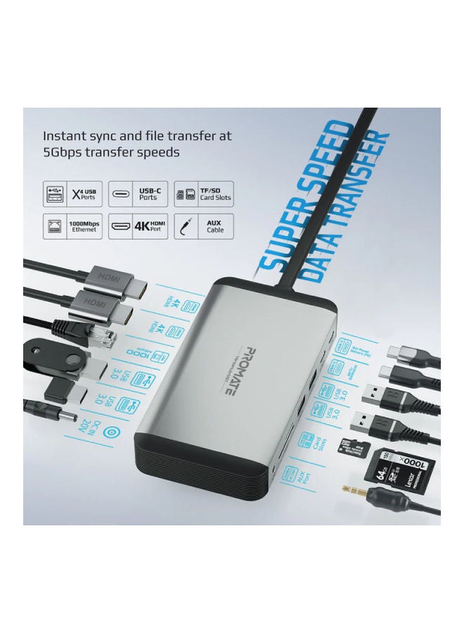 PROMATE 13 In 1 Docking Station With 150W Power Adapter And 4K 60Hz Dual Display Versahub-Mst Grey/Black - Image 3