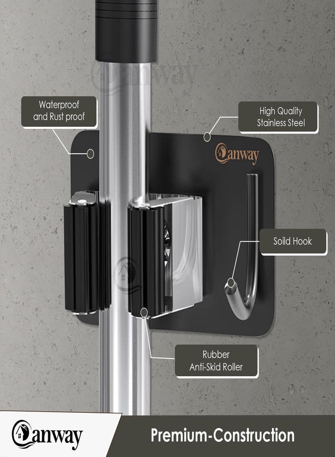 CANWAY® 4 Pieces Stainless Steel 1 Rack with 1 Hook Heavy Duty Broom and Mop Stick Holder for Home, Kitchen, Garden, Laundry & Garage (Black) - Image 3