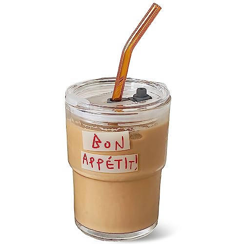 Olvini 13oz Glass Tumbler with Straw and Lid, Reusable Iced Coffee Cup Tumbler, Cute Glass Cups for Water, Matcha, Travel Coffee Mugs (Bon Appétit) - Image 1