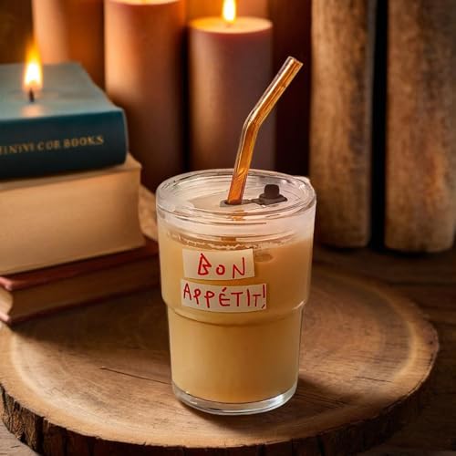 Olvini 13oz Glass Tumbler with Straw and Lid, Reusable Iced Coffee Cup Tumbler, Cute Glass Cups for Water, Matcha, Travel Coffee Mugs (Bon Appétit) - Image 3