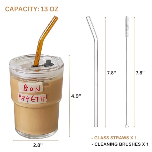 Olvini 13oz Glass Tumbler with Straw and Lid, Reusable Iced Coffee Cup Tumbler, Cute Glass Cups for Water, Matcha, Travel Coffee Mugs (Bon Appétit) - Image 5