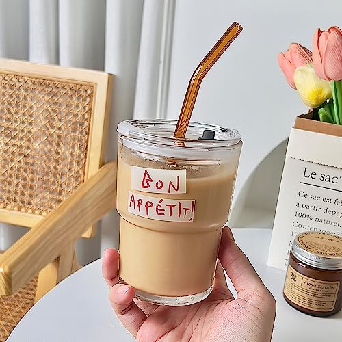 Olvini 13oz Glass Tumbler with Straw and Lid, Reusable Iced Coffee Cup Tumbler, Cute Glass Cups for Water, Matcha, Travel Coffee Mugs (Bon Appétit) - Image 2
