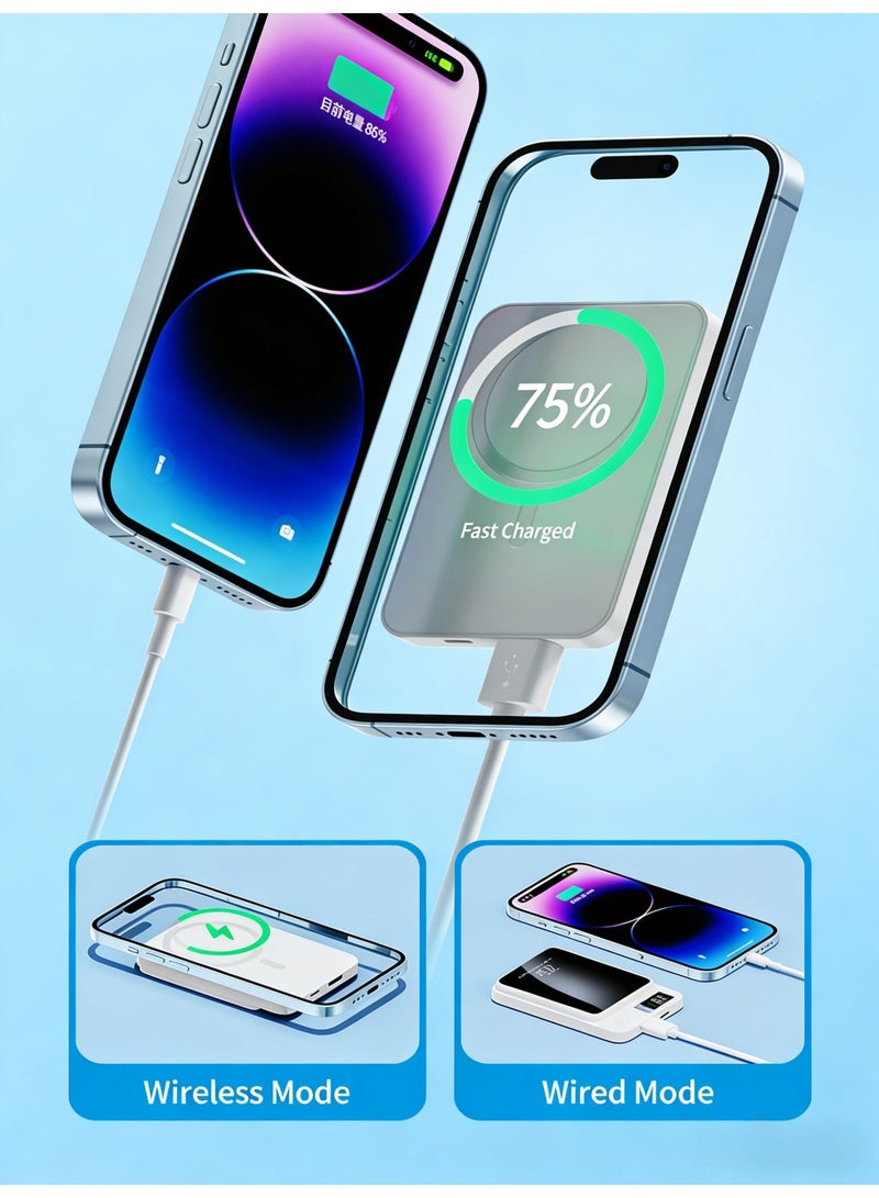 Magnetic Wireless Power Bank 10000mAh 22.5W Fast Charging Portable Battery with LED Display Dual Mode Wireless Wired Charger for iPhone 12-16 Series All Smartphones White - Image 4