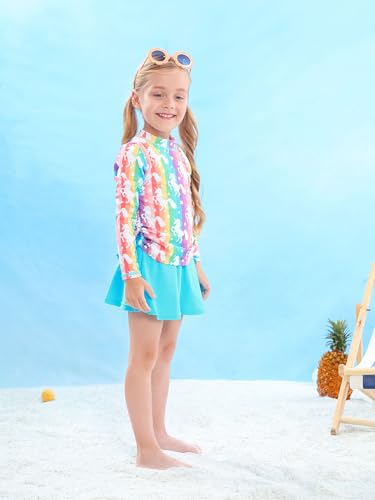 swimsobo Girls Rash Guard Size 6 7 Rainbow Unicorn Bathing Suit Long Sleeve Swimsuit Two Pieces Swimming Skirt Swimwear with Shorts - Image 3