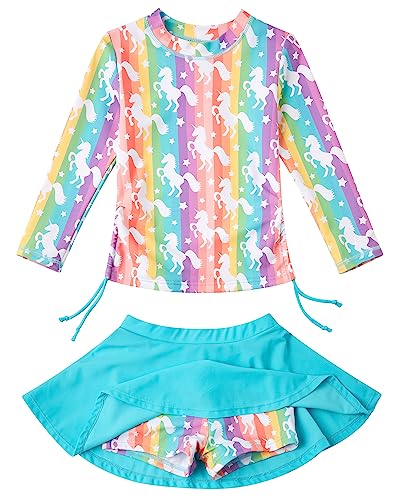 swimsobo Girls Rash Guard Size 6 7 Rainbow Unicorn Bathing Suit Long Sleeve Swimsuit Two Pieces Swimming Skirt Swimwear with Shorts - Image 4