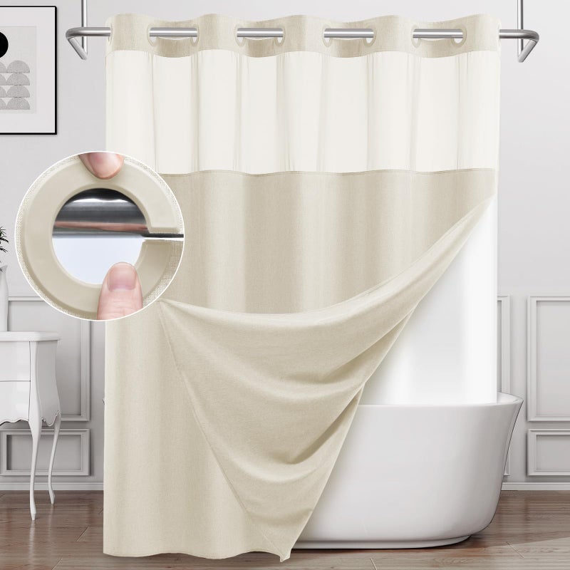 WONICY No Hook Shower Curtain with Snap in Liner  Polyester Textured Shower Curtain with Liner Set  Waterproof Washable Hotel Style Shower Curtains for Bathroom  71Wx77H  Cream - Image 1
