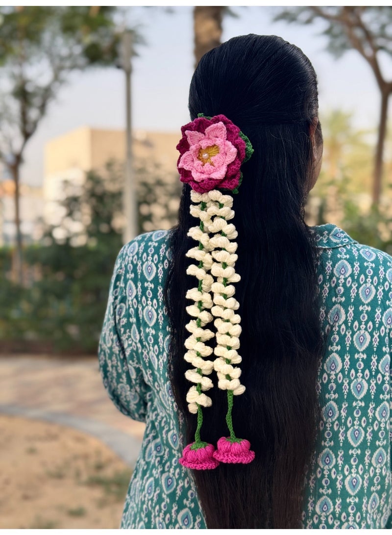 HerTouch Creations Handmade Crochet Lotus and Jasmine String Gajra - Flower Hair Accessory for Women (1 Pc) - Image 1