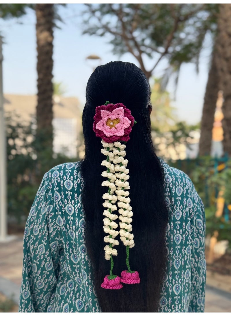HerTouch Creations Handmade Crochet Lotus and Jasmine String Gajra - Flower Hair Accessory for Women (1 Pc) - Image 2