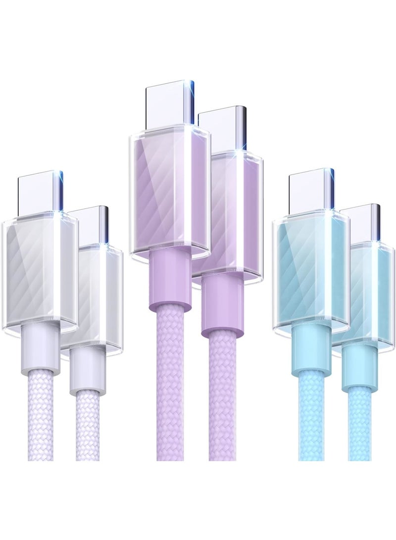 SOLARAE USB C Cable 60W, 3 Pack Fast Charging Lower Temp USB C to USB C Cable, Type C to Type C Charger Braided USB Cable for iPhone 15/15 Pro Max MacBook iPad Samsung Galaxy S23, Blue, White, Purple - Image 1