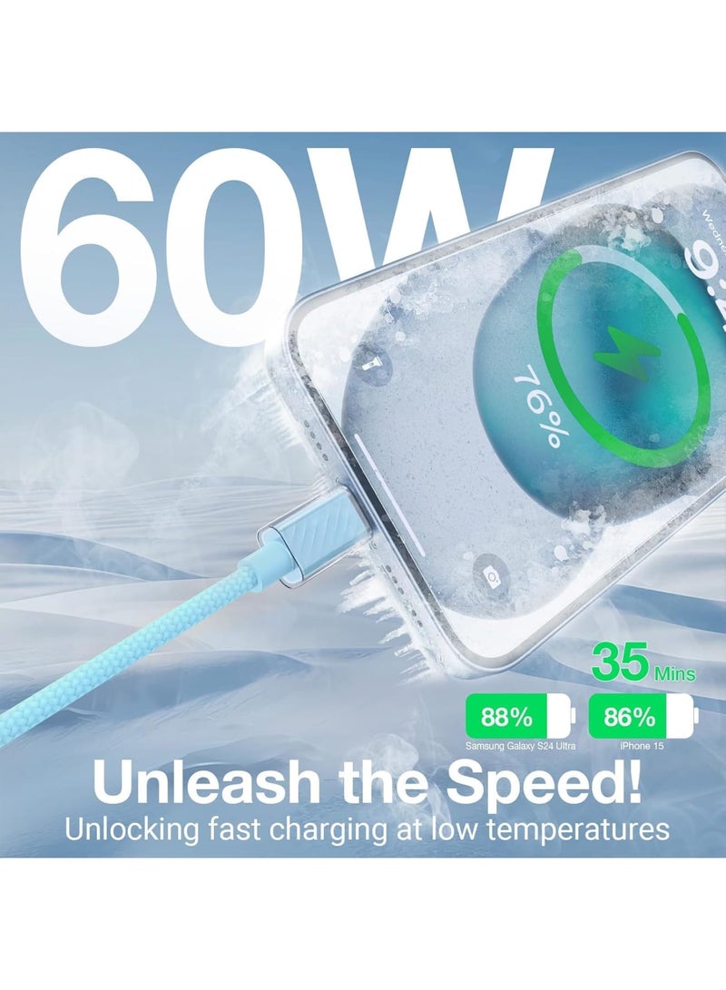 SOLARAE USB C Cable 60W, 3 Pack Fast Charging Lower Temp USB C to USB C Cable, Type C to Type C Charger Braided USB Cable for iPhone 15/15 Pro Max MacBook iPad Samsung Galaxy S23, Blue, White, Purple - Image 4