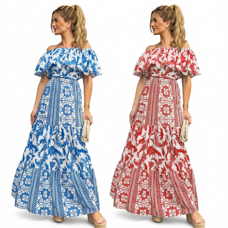 Sexy One-Shoulder High-Waist Bohemian Print Dress