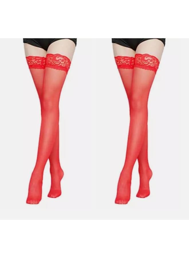 EasyLife 2 Pairs Thigh High Stockings Women's Lace Top Stay Up Silk Semi Sheer Pantyhose for Women - Image 1