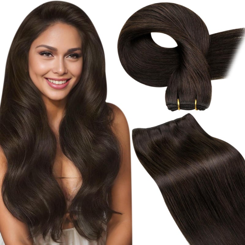 LaaVoo Sew in Hair Extensions Real Human Hair Brown Weft Hair Extensions Sew in Silky Straight Weft Extensions Real Human Hair Dark Brown 16 Inch 100g