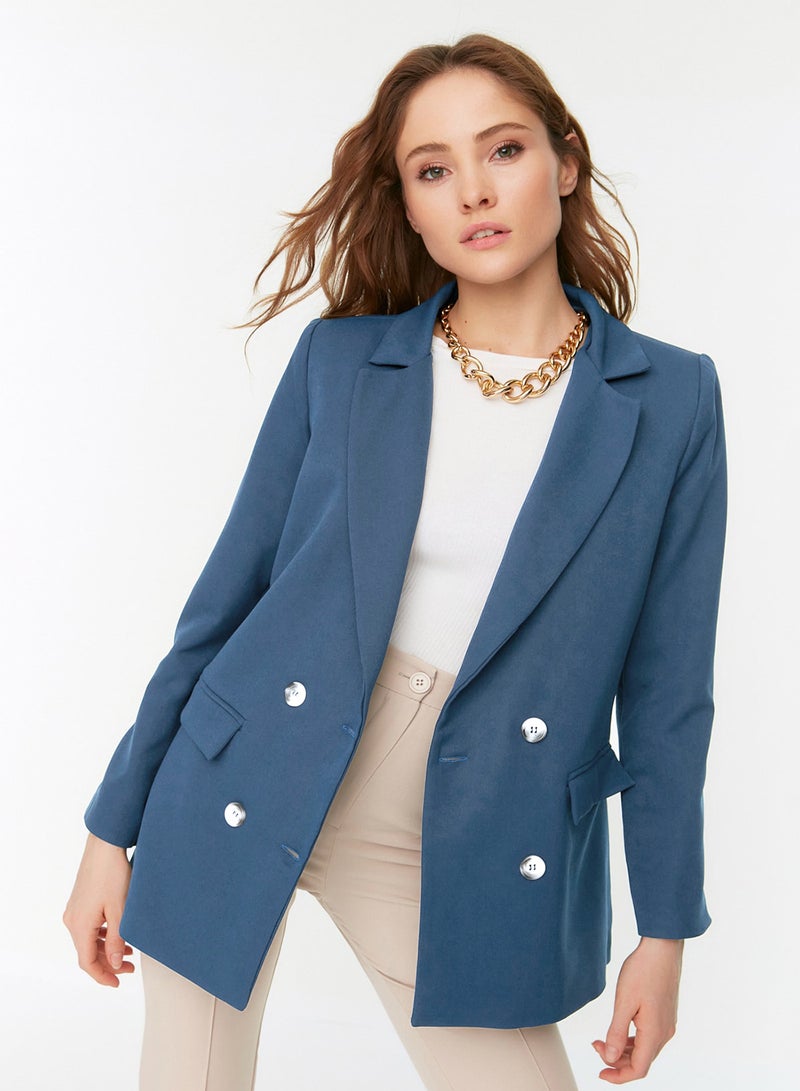 trendyol Indigo Regular Lined Double Breasted Closure Woven Blazer Jacket TWOAW21CE0264 - Image 5