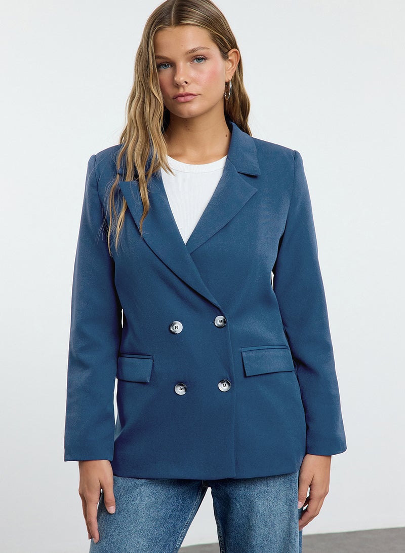 trendyol Indigo Regular Lined Double Breasted Closure Woven Blazer Jacket TWOAW21CE0264 - Image 2