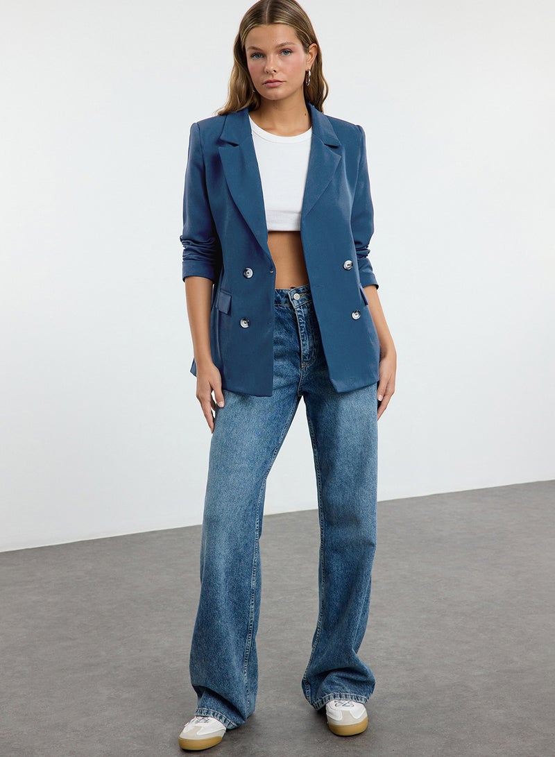 trendyol Indigo Regular Lined Double Breasted Closure Woven Blazer Jacket TWOAW21CE0264 - Image 3
