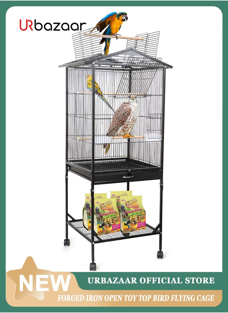 URbazaar 46 Inch Wrought Iron Large Bird Flight Cage with Rolling Stand for Parakeets Canaries Cockatiels Lovebirds Conures, Black  - Image 1