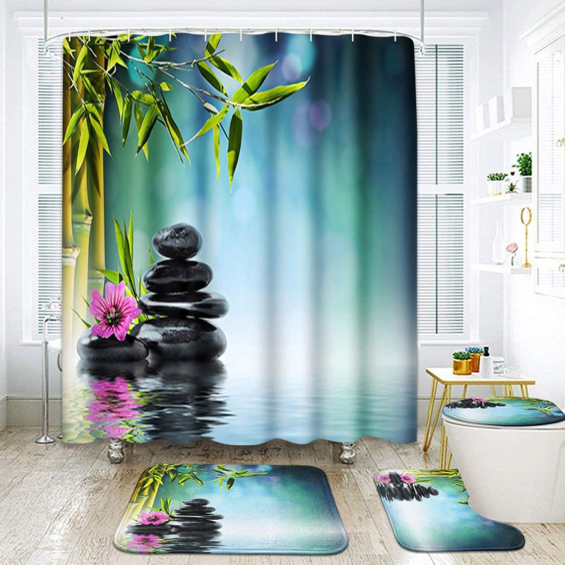 ArtSocket Tower Black Stone Hibiscus Bamboo Bathroom Set with Shower Curtain and Rugs Accessories Water Beautiful Floral Tropical Shower Curtain for Bathroom Decor 4 Pcs