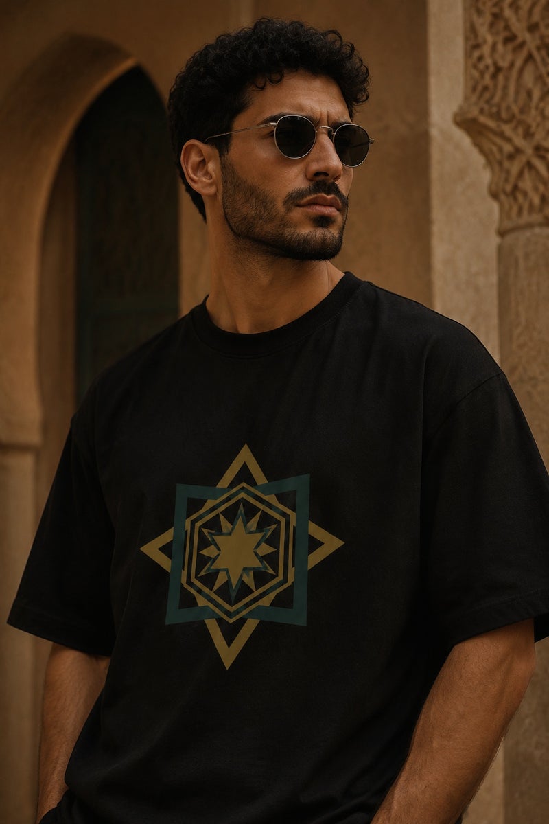 Men's Oversized Black Geometric Star Graphic T-Shirt Casual Short Sleeve Crew Neck Streetwear Tee - Image 1
