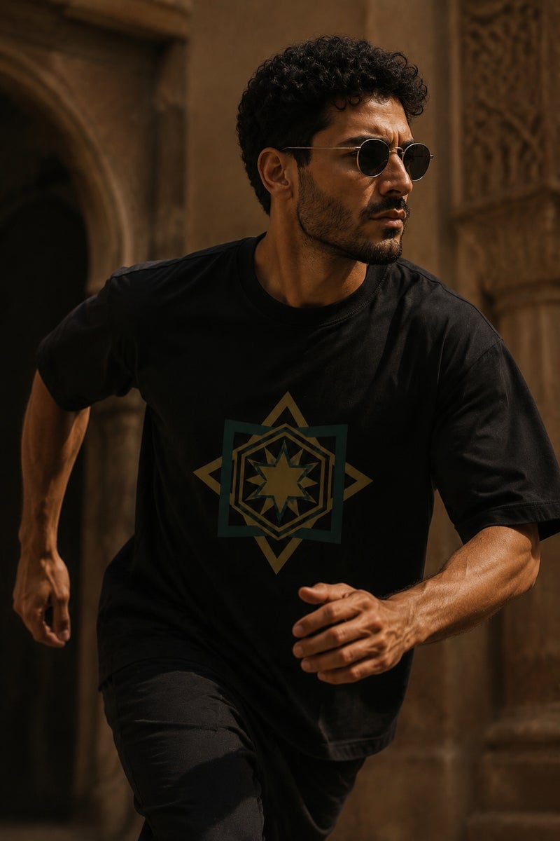 Men's Oversized Black Geometric Star Graphic T-Shirt Casual Short Sleeve Crew Neck Streetwear Tee - Image 3