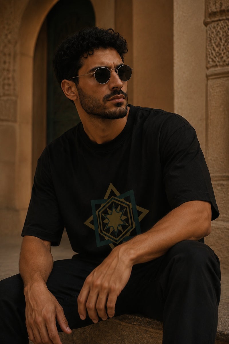 Men's Oversized Black Geometric Star Graphic T-Shirt Casual Short Sleeve Crew Neck Streetwear Tee - Image 4