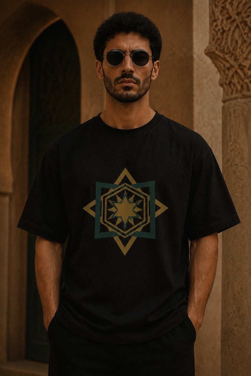 Men's Oversized Black Geometric Star Graphic T-Shirt Casual Short Sleeve Crew Neck Streetwear Tee - Image 2