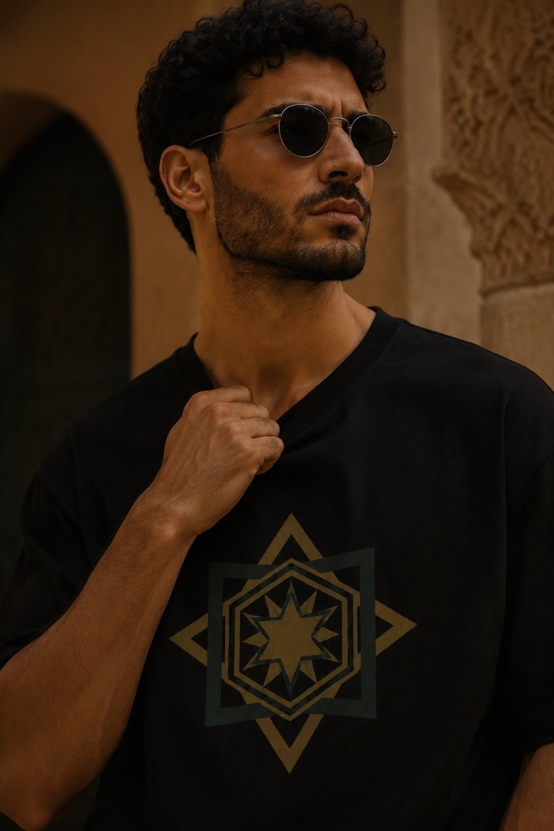 Men's Oversized Black Geometric Star Graphic T-Shirt Casual Short Sleeve Crew Neck Streetwear Tee - Image 5