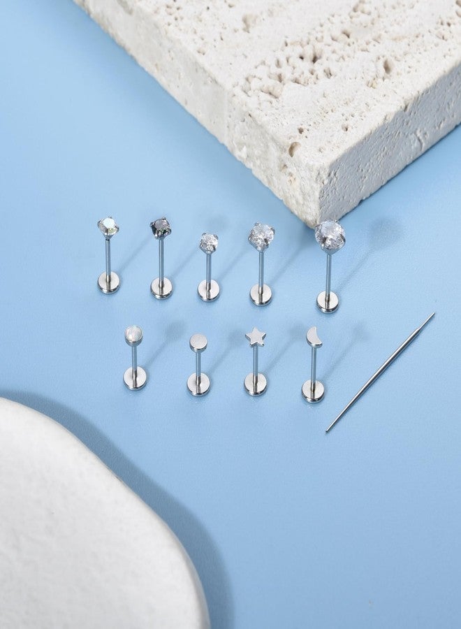 CANDYFANCY 10PCS 18g Threadless Stud Earrings for Women Men Cz Opal Moon Star Flat Back Studs Cartilage Earring for Multiple Piercing-Push In Nose Studs with Taper Piercing 6/7/8mm Length bar - Image 3