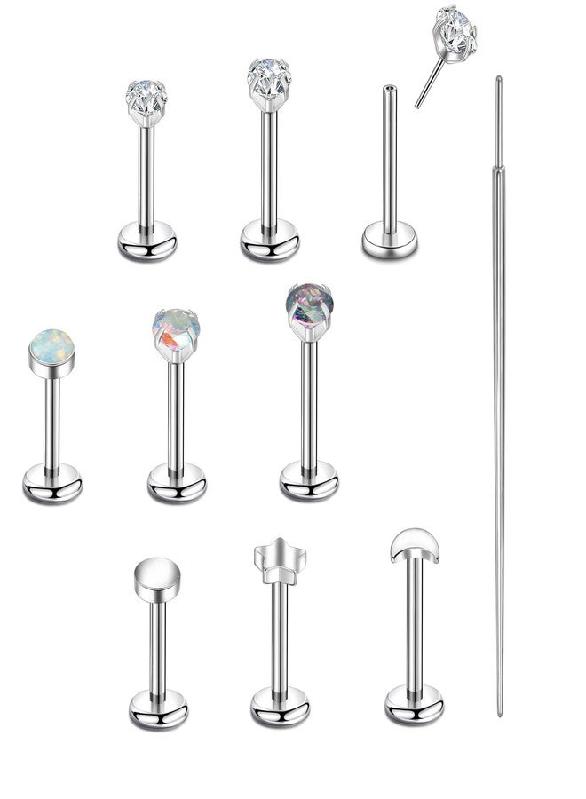 CANDYFANCY 10PCS 18g Threadless Stud Earrings for Women Men Cz Opal Moon Star Flat Back Studs Cartilage Earring for Multiple Piercing-Push In Nose Studs with Taper Piercing 6/7/8mm Length bar - Image 1