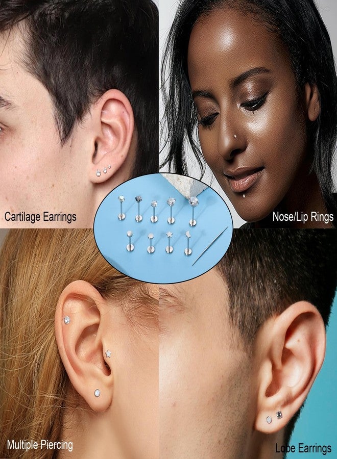 CANDYFANCY 10PCS 18g Threadless Stud Earrings for Women Men Cz Opal Moon Star Flat Back Studs Cartilage Earring for Multiple Piercing-Push In Nose Studs with Taper Piercing 6/7/8mm Length bar - Image 4