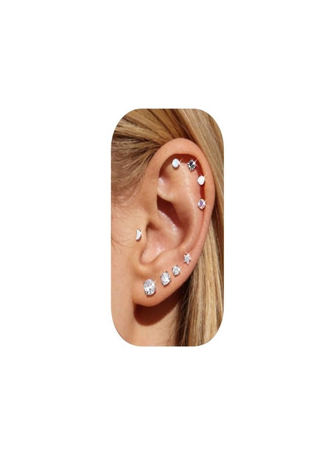 CANDYFANCY 10PCS 18g Threadless Stud Earrings for Women Men Cz Opal Moon Star Flat Back Studs Cartilage Earring for Multiple Piercing-Push In Nose Studs with Taper Piercing 6/7/8mm Length bar - Image 2