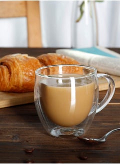 Eworld Set of 2 Double Wall Insulated Glass Mugs with Handle for Drinkware Coffee Tea Heat Resistant Double Layer Available in 250ml, 350ml & 450ml  - Image 3
