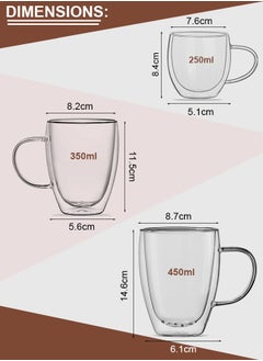 Eworld Set of 2 Double Wall Insulated Glass Mugs with Handle for Drinkware Coffee Tea Heat Resistant Double Layer Available in 250ml, 350ml & 450ml  - Image 2