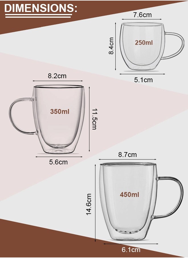 Eworld - Set of 2 Double Wall Insulated Glass Mugs with Handle for Drinkware Coffee Tea Heat Resistant Double Layer Available in 250ml, 350ml & 450ml - Image 1