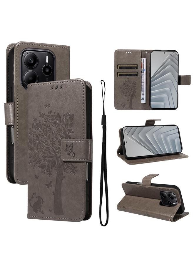S-TOP Case For Redmi Note 14 4G Global 163.25mm Tree & Cat Embossed Pattern Flip Leather Phone Case - Image 1