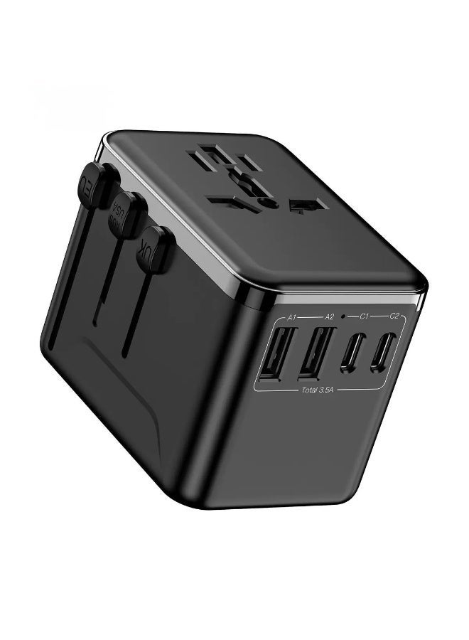 Universal International Travel Power Adapter, 5-in-1 Worldwide Travel Plug Converter, featuring globally compatible AC sockets and 3.5A 2xUSB-A and 2xUSB-C wall chargers. Suitable for Middle East/Europe/USA/UK/Asia. Black reinforced model. Compatible with multiple protocols including PD/QC/PPS/APPLE 2.4A. - Image 1