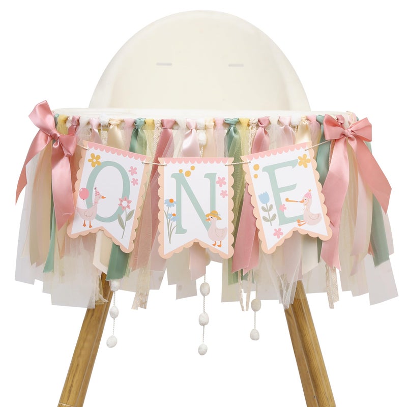 Jissoo One Happy Goose High Chair Banner - Sweet 1st Birthday Party Decorations,Colorful Highchair Garland with Bow Ribbon,Little Goose First Birthday Banner Photo Props,Fun Geese Lawn Party Supplies - Image 1