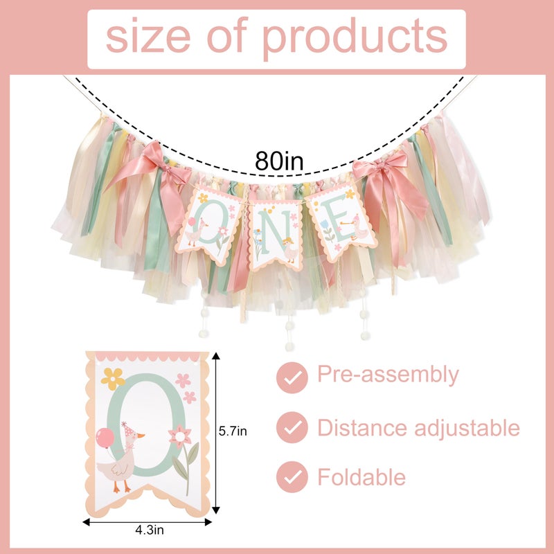 Jissoo One Happy Goose High Chair Banner - Sweet 1st Birthday Party Decorations,Colorful Highchair Garland with Bow Ribbon,Little Goose First Birthday Banner Photo Props,Fun Geese Lawn Party Supplies - Image 2