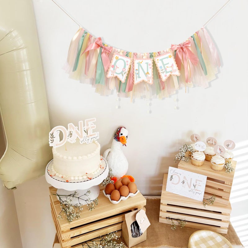 Jissoo One Happy Goose High Chair Banner - Sweet 1st Birthday Party Decorations,Colorful Highchair Garland with Bow Ribbon,Little Goose First Birthday Banner Photo Props,Fun Geese Lawn Party Supplies - Image 3