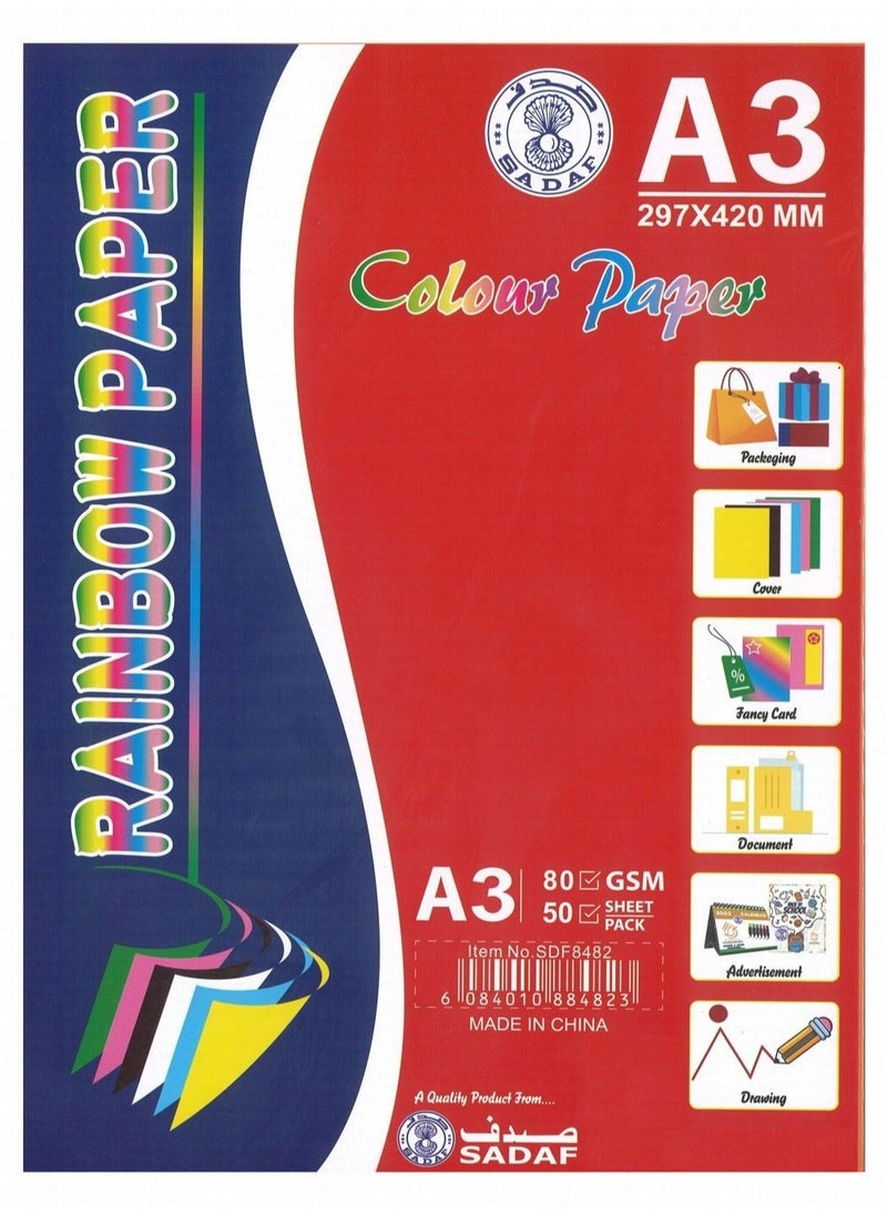 Sadaf 50-Sheet A3 Size Coloured Paper 80gsm Assorted Colours  - Image 1