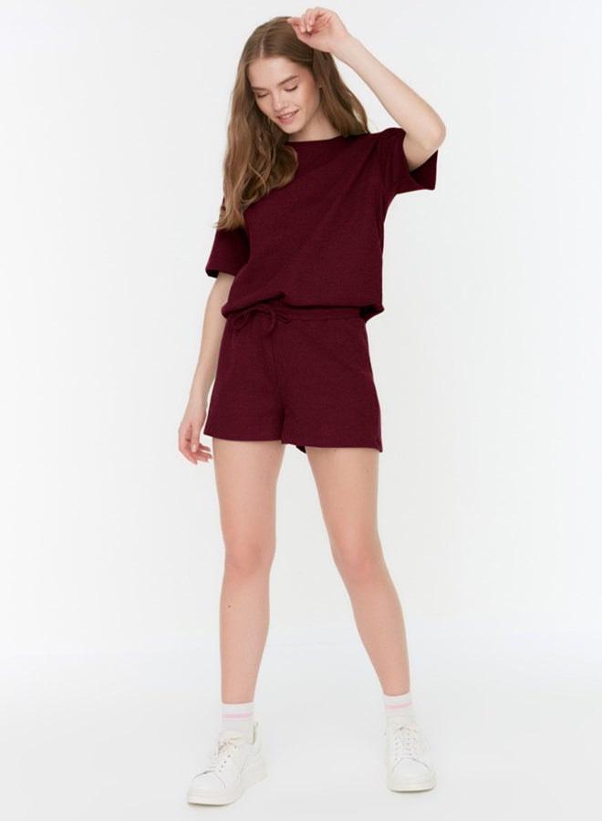 trendyol Claret Red Waffle Fabric Shorts Knitted Pajama Set - Image 3