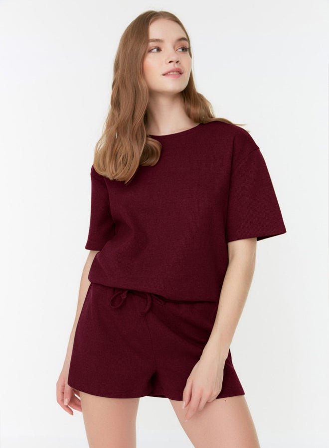 trendyol Claret Red Waffle Fabric Shorts Knitted Pajama Set - Image 1