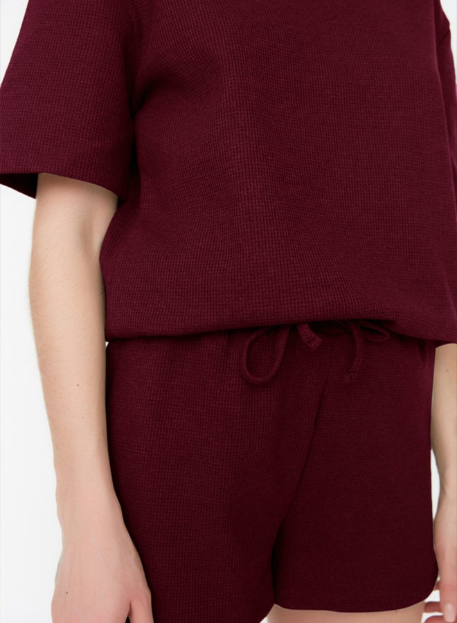trendyol Claret Red Waffle Fabric Shorts Knitted Pajama Set - Image 2